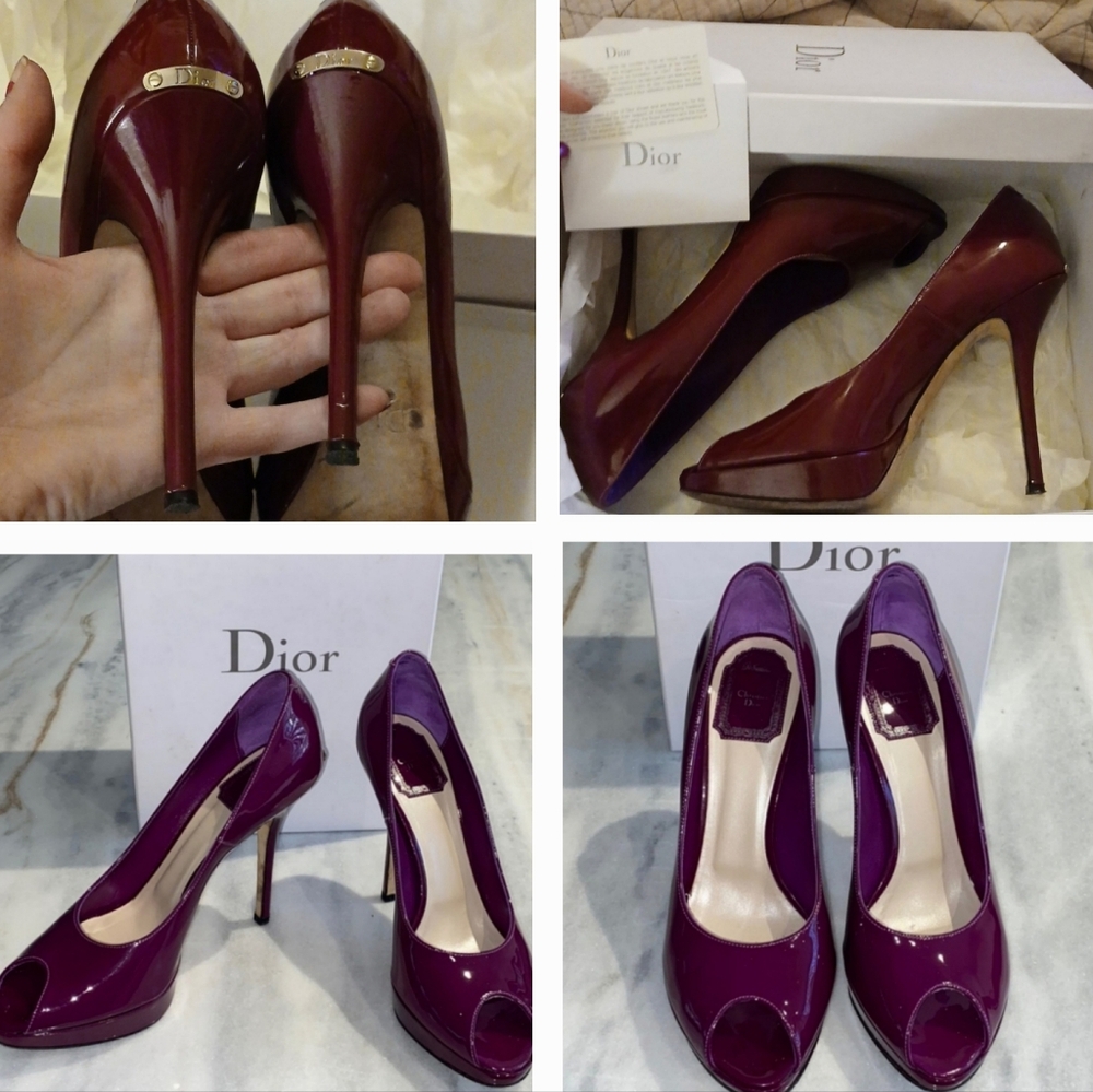 Christian Dior MISS DIOR Patent Leather Pumps Peep Toe Platform Heels CD Oblique